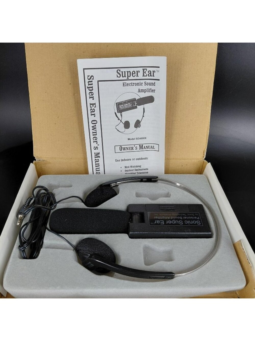 Super Ear Electronic Sound Amplifier Personal Listener Headphones Black WORKS